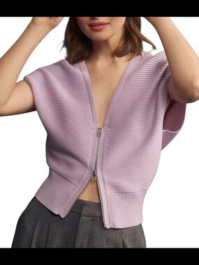 Anthropologie Daily Practice Zip Front Cropped Ribbed Sweater Lilac Lavender M